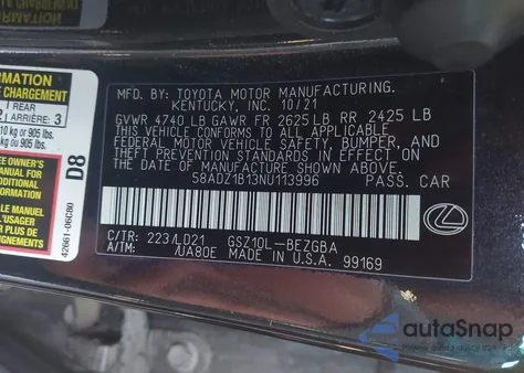 2022 Lexus Es 350 z USA, uszkodzony, nr VIN 58ADZ1B13NU113996